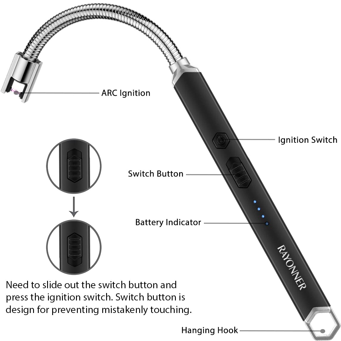 RAYONNER Lighter Electric Candle Lighter Rechargeable USB Lighter Long Flexible Neck Lighter Christmas Stocking Stuffers Gifts for Women Men Adults Rechargeable USB (Black)