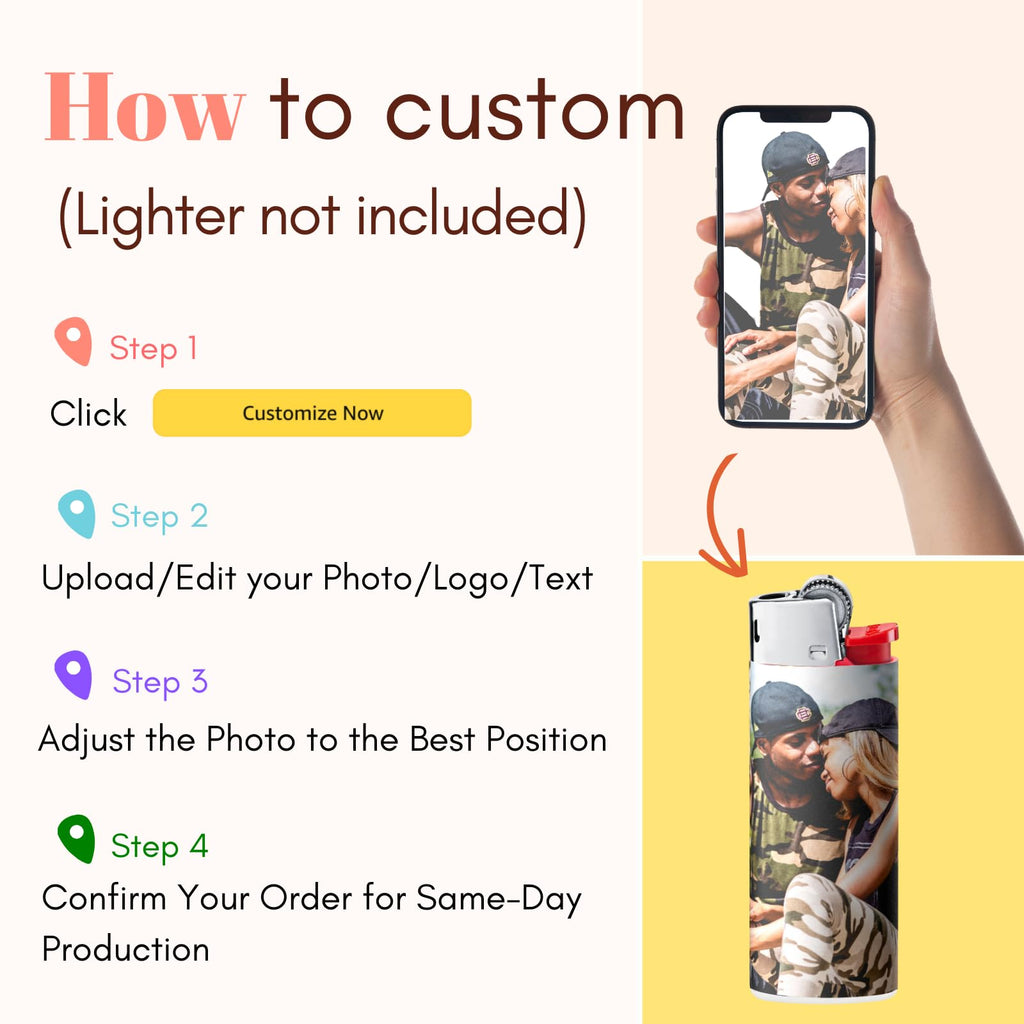 Custom Lighter Wrap with Own Pictures, Personalize Lighters PVC Film Sticker 3 Pack Upload 1-3 Photos - Reusable up to 3 Times Suitable for Bic Pocket Lighter Ideal for Gifts(Lighter Not Included)