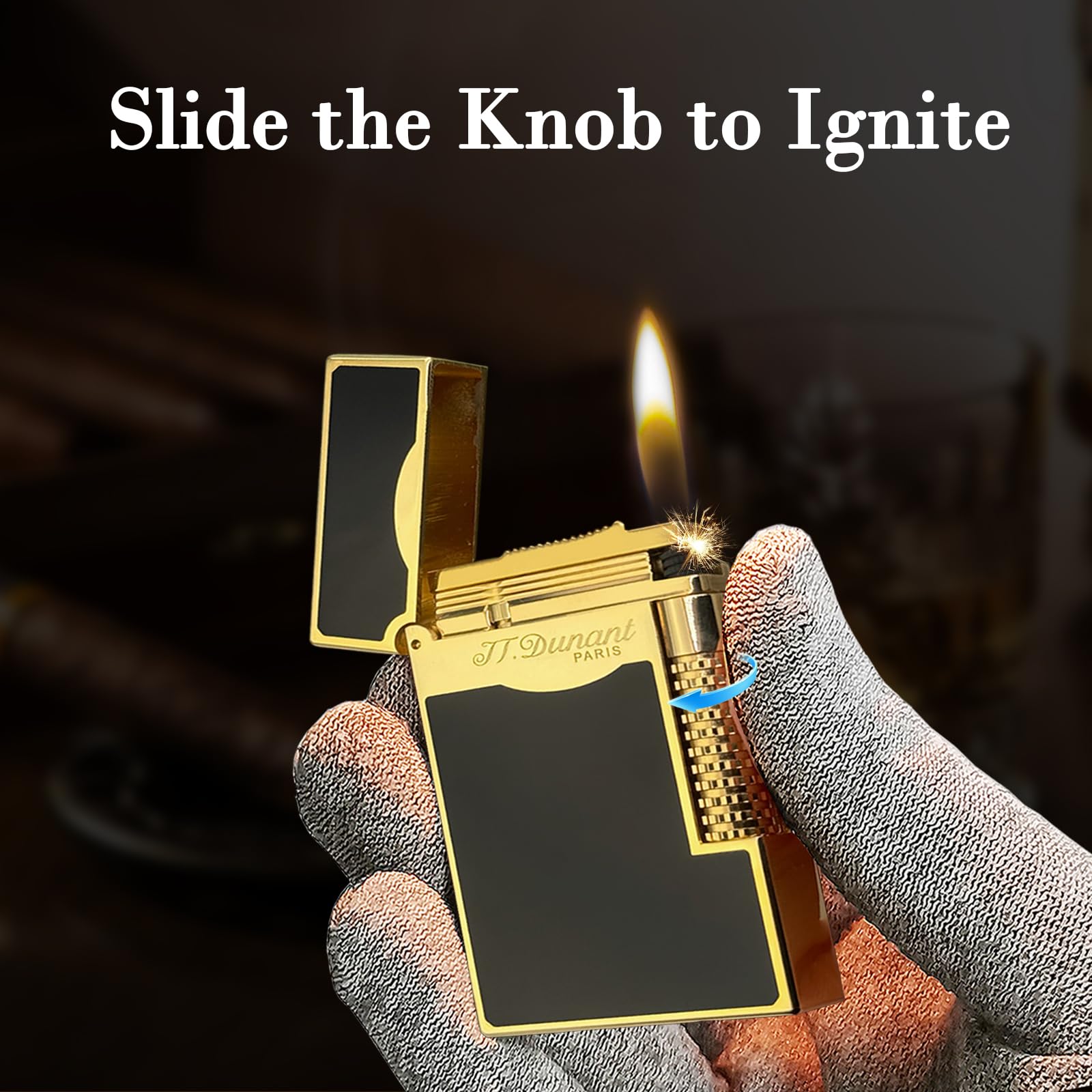 Black Lacquer Silver Lighter, Refillable, Adjustable Soft Flame, Traditional Flame Lighter with Adjustable Flame Dial, Gift for Men Dad Husband Somker