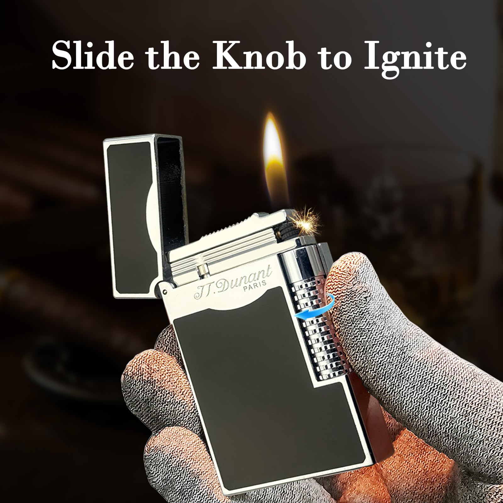 Black Lacquer Silver Lighter, Refillable, Adjustable Soft Flame, Traditional Flame Lighter with Adjustable Flame Dial, Gift for Men Dad Husband Somker