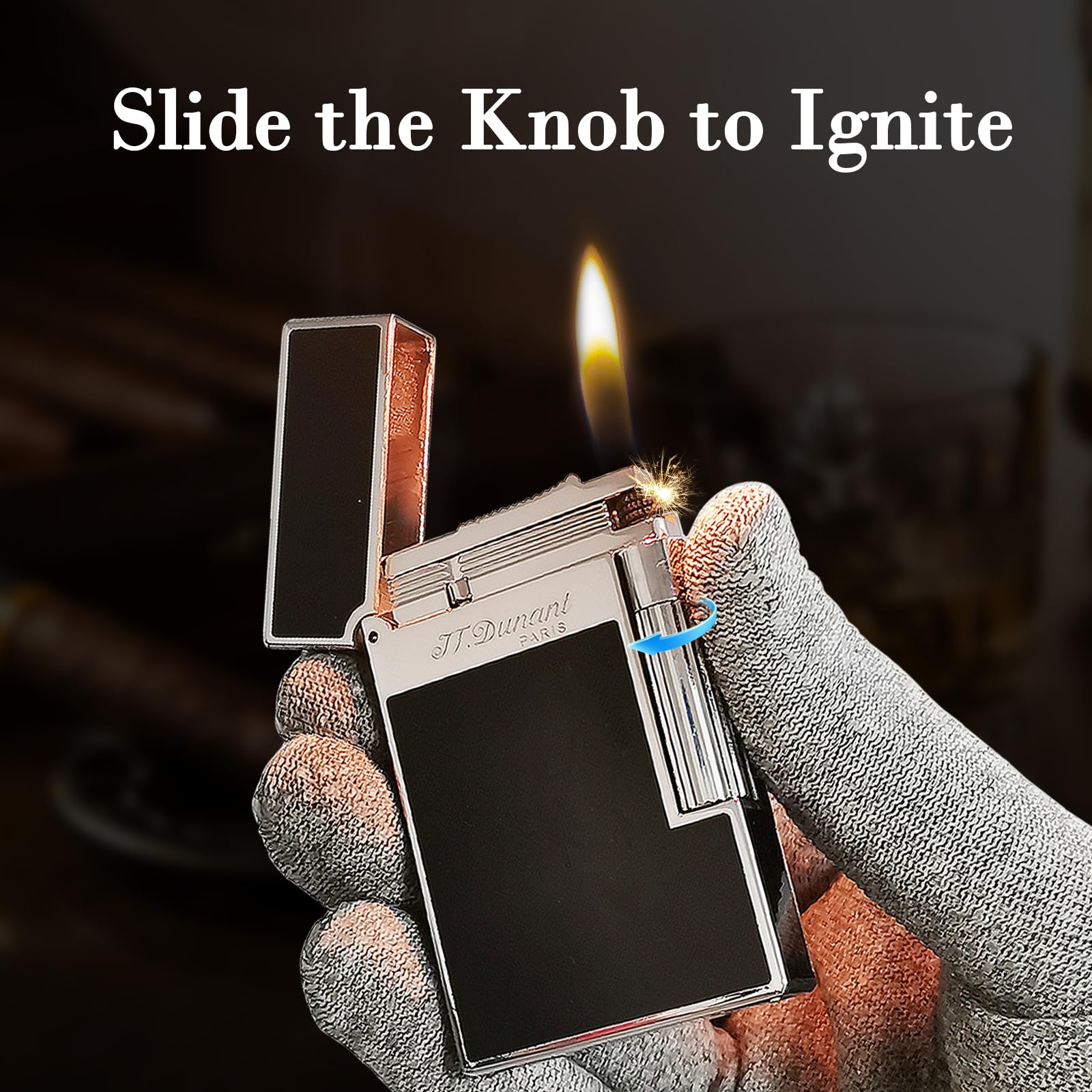 Black Lacquer Silver Lighter, Refillable, Adjustable Soft Flame, Traditional Flame Lighter with Adjustable Flame Dial, Gift for Men Dad Husband Somker